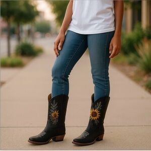 Rodeo Square Long Toe  Long  Shaft cowgirl Boots Leather